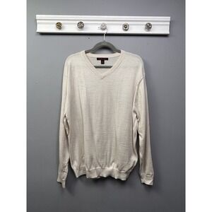 Linea Uomo Sweater Mens Large Cream V-Neck Pullover Wool Ribbed Trim‎ Neutral